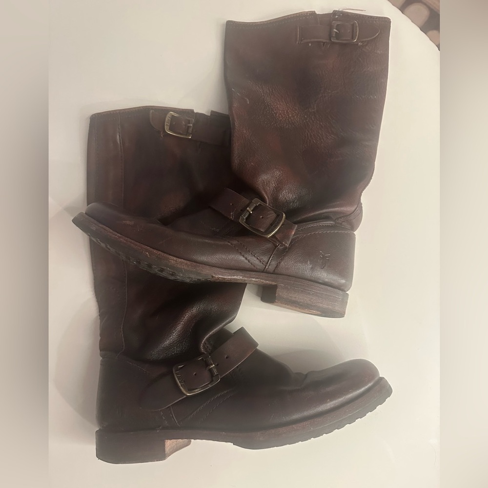 Frye Dark Brown Leather Boots with Buckle